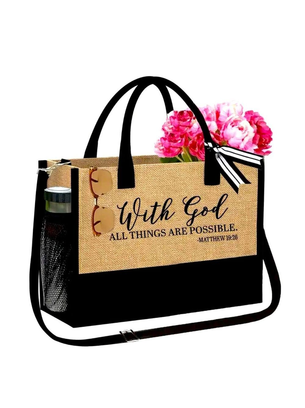 "With God All Things Are Possible" Burlap Tote Bag Inspirational Christian Tote